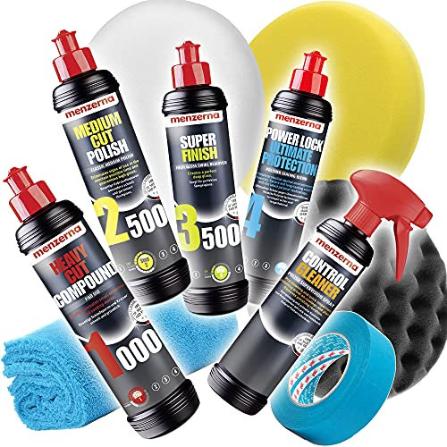 Detailmate Auto Politur Set - Menzerna Autopolitur 250ml: Super Heavy Cut 1000 + Medium Cut 2500 + Super Finish 3500 + Power Lock Ultimate Protection + 3x Menzerna Pad + Poliertuch + 3M Scotch Band