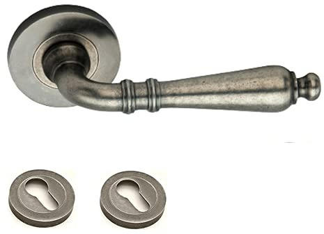 Infinity Decor Pewter Lever Door Handle with Choice of Escutcheons - Antique Old English Style (Handle + Euro Profile Escutcheon (Pair))