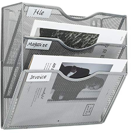 PAG 3-nivåer hängande väggfilhållare postorganiserare väggtidning fil brevställ, nät metall A4 väggmonterad dokumenthållare pappersförvaring, silver