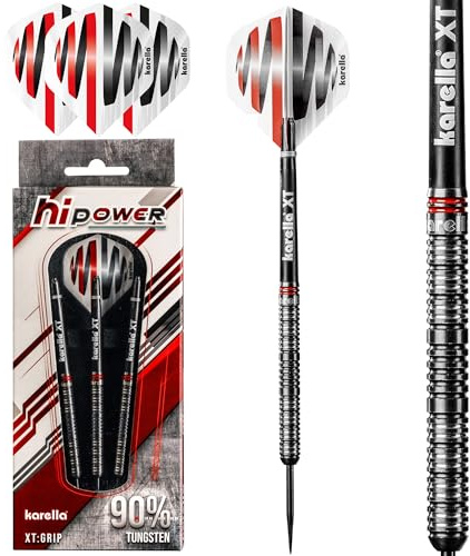 Karella HiPower 90% Tungsten Steeldart, 22g, 24g, für Klassische Dartscheibe, 3 Dartpfeile mit Metallspitze, Dartboard, Wolfram, Profidart mit Flight und Shaft