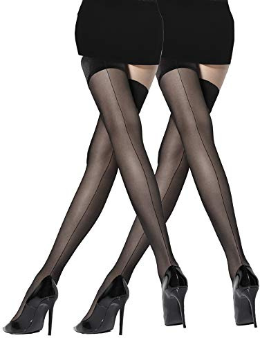 MARILYN transparente halterlose Naht-Strümpfe, 20 Denier, Größe 40/42 (M/L), Farbe Schwarz (je 2x black & black)