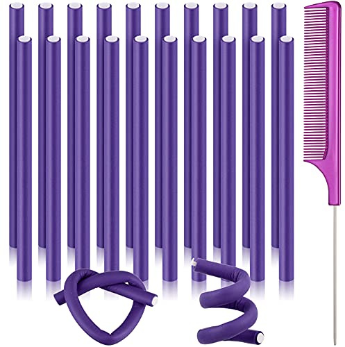 Chuangdi 20 Pcs 9.4 Inch Flexi Rods Curlers Set Foam Hair Rollers with Steel Rat Tail Comb Flexible Curling Rods Twist Curlers for Women Long and Short Hair(0.31 x 9.4 Inch,Purple)