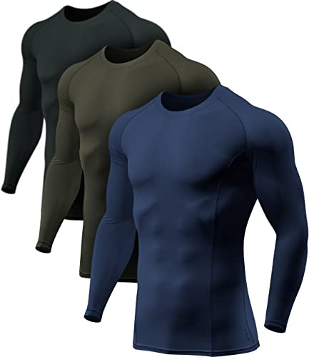 ATHLIO Men's UPF 50+ Long Sleeve Compression Shirts, Water Sports Rash Guard Base Layer, Athletic Workout Shirt, 3pack Black/Navy/Hunter Green, X-Large