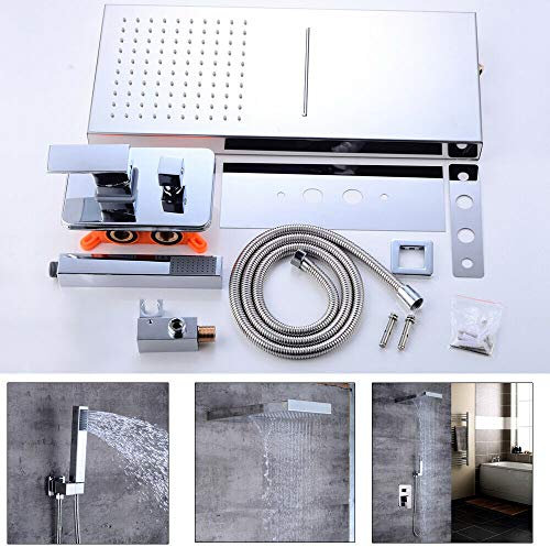 Duschsystem Wandbrausehalter, Duschsystem mit Thermostat Regendusche eckig Duscharmatur Edelstahl Überkopfbrauseset mit Messing Handbrause,inklHandbrause
