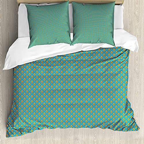 ABAKUHAUS Fleur De Lis Bettbezug Set für Einzelbetten, Königliche heraldische Lilien, Milbensicher Allergiker geeignet mit Kissenbezug, 200 cm x 200 cm - 80 x 80 cm, Orange Sea Blue