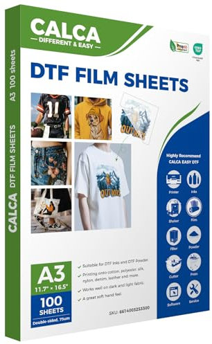 CALCA 100 Blatt A3 DTF Transferfolie Premium DTF Folie Blatt PreTreat Sheets PET Wärmetransferpapier für DYI Direktdruck auf T-Shirts Textil, doppelseitiges Hot Peel