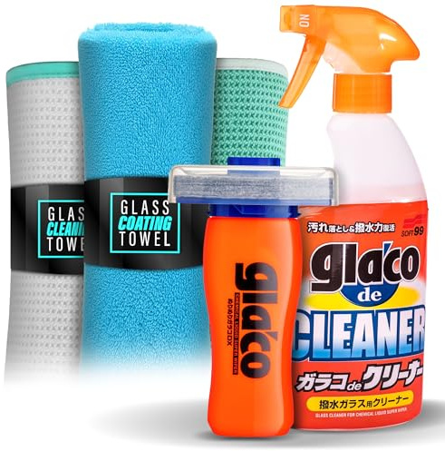 5-teil. Glasversiegelung Bundle - Soft99 Glaco DX 110 ml - Versiegelung mit perfektem Lotuseffekt + Soft 99 Glaco de Cleaner Glasreiniger 400ml, detailmate Mikrofaser Poliertuch 40x40cm + 2x Glastuch