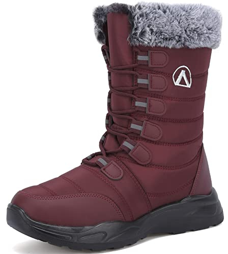 DimaiGlobal Womens Mens Winter Snow Boots Outdoor Waterproof Anti-Slip Tall Snow Boots Ladies Walking Shoes Comfy Flats Warm Faux Fur Lined Shoes 6UK Red