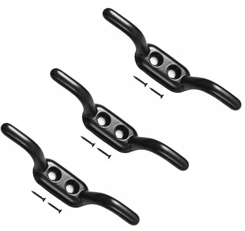 TERF® Lot de 3 crochets robustes en corde noire antique de 110 mm [110 mm] pour corde à linge, rideau, bateau, mât de drapeau, corde avec vis de fixation et utilisation polyvalente