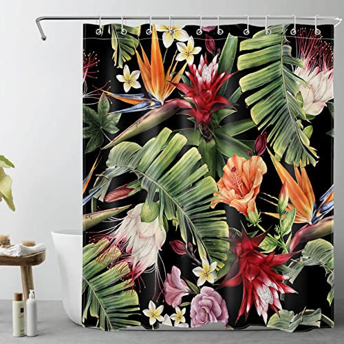 LB Tropisches Palmblatt Duschvorhang 150x200cm Rosa rote Blüten grüne Pflanzen Antischimmel Wasserdicht Badezimmer Vorhänge, Schwarzer Dschungel Extra Lange Polyester Stoff Bad Vorhang mit Haken