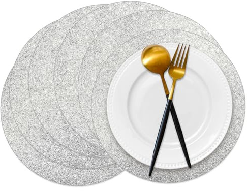50 Pieces Silver Glitter Paper Place Mats Sparkle 14'' Round Disposable Table Mats Silver Sequin Doilies Decorative Placemats for Wedding Banquet Party Home Dining Tableware