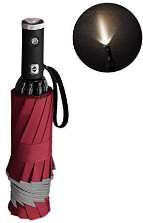 Imtrub Ombrello da esterno | Ombrello automatico pieghevole da pioggia con luce a LED, strisce riflettenti, ombrello automatico aperto e inverso per passeggiate e campeggio, Torcia a dieci ossa reflex
