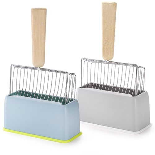 Hiceeden 2 Pack Fast Sifting Cat Litter Scoop with Stand, Metal Kitty Litter Scoop Holder with Wooden Handle, Easy Clean Cat Poop Scooper for Kitten Litter Box, Gray and Blue