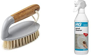 Addis Floor and Tile Scrub Brush Iron Style with Natural Bamboo Handle, Grey & Natural, Grey/Wood & HG Grout Cleaner, Ready-To-Use Tile Grouting Cleaning Spray, Removes Stubborn Dirt & Stains