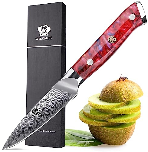 WILDMOKcuchillo pelador multiusos para frutas afilado 8 cm, cuchillo japonés VG 10 de súper acero de 67 capas de acero damasco