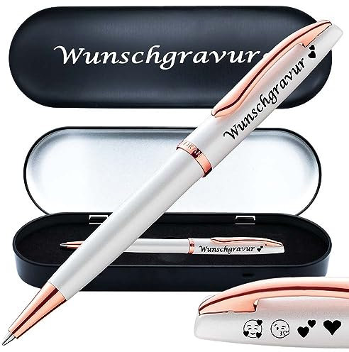 Juwelier Schönschmied PeIikan Kugelschreiber mit Gravur | inkl. Etui mit Wunschgravur (Platz für 10 Stifte) | Emojis | Jazz Noble Elegance Perlmutt Weiß