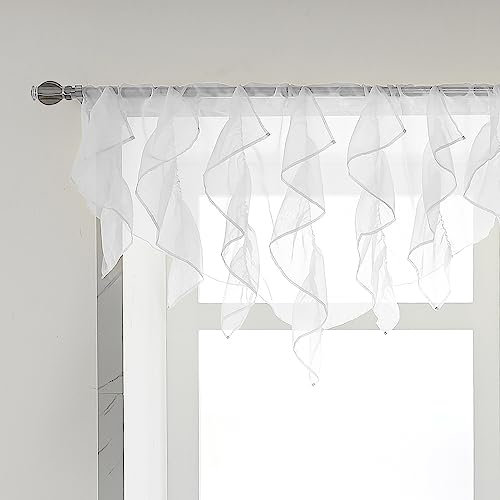 PearAge Ruffled Voile Semi Sheer Curtains, Kitchen Living Room Shabby Chic Ruffle Curtains, Girls Daughters Bedroom Cascade Window Valance 52x26 Inches (White-Triangle)