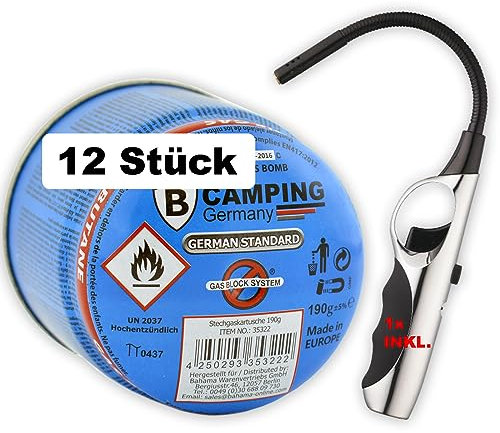 36x 190g Universal Butan-Gas-Kartusche Stechkartusche für Gaskocher Lötlampe Campingkocher Lötbrenner Campinglampe Bunsenbrenner Shisha-Kohlenanzünder mit Gas-Stop-System, inkl. 1x Feuerzeug