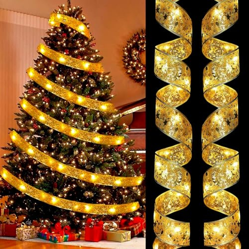 JOKILY Nastro natalizio decorativo, 5 m, nastro per albero di Natale, nastro in pizzo lucido, decorazione per albero di Natale per interni ed esterni, feste, matrimoni, decorazioni per le vacanze (oro