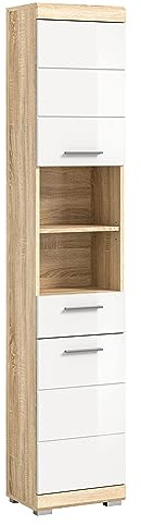 Newroom Hochschrank Sonoma Eiche hell weiß Hochglanz Schrank Modern Elegant - 37x191x31 cm (BxHxT) - Badhochschrank Badschrank - [Bolero.Three] Bad Badezimmer Flur Diele