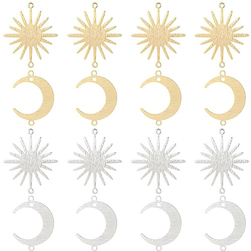 Beebeecraft 1 Box 24 Stück 4 Stile Sonne Mond Links Charms 24K Gold 925 Sterling Silber Plattiert Halbmond Steckverbinder Charms Für Schmuckherstellung Halskette Armband DIY Handwerk