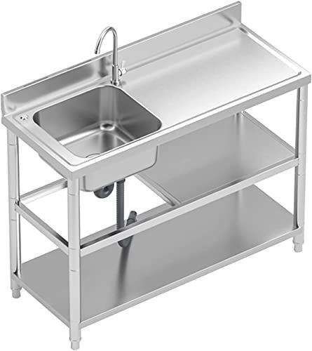 Waschbecken Home Küchenspülen 304 Edelstahl-Waschbecken 80/90/100/120 cm Kommerzielle Einzelbecken-Küchenspüle mit Ablagefach Wäschewanne und freistehender Spüle mit heißem und kaltem Wasser