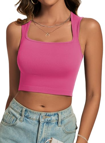 Cuptacc Top Donna Estivi Moda Top Estivi Donna con Scollo Quadrato Canottiera Corto Sportiva Tank Top Tinta Unita Rosa M 38-40