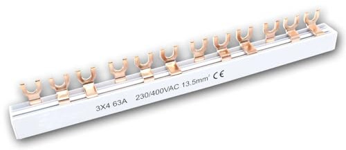 world-trading-net - Gabel-Sammelschiene aus Kupfer, 3-polig, 4 Module, Länge 223mm, Querschnitt 13,5mm², Spannung 230/400V AC, Strom 63A