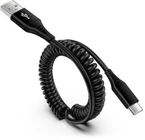 Coiled USB A to USB C Cable for Car, Retractable Samsung Phone Charger Cable Fast Charge, Spring Type C Charger Cable Lead for Samsung Galaxy A16 A15 A14 A55 A54 Z Flip 5 S25 S24 S23 S22, Google Pixel