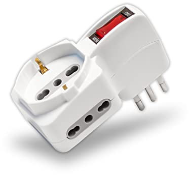 V-TAC Adattatore Tripla Presa Elettrica 3 Posti con Interruttore - 2 Prese Laterali 10/16A Bipasso e una Frontale 10/16A Bipasso Schuko - Multipresa Elettrica per Casa, Ufficio,Spina 10A - Bianco