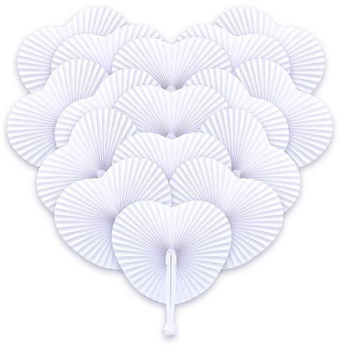 48x Abanicos boda para invitados en forma de corazón, blancos - Bonitos abanicos como decoración de boda o para regalar a los invitados