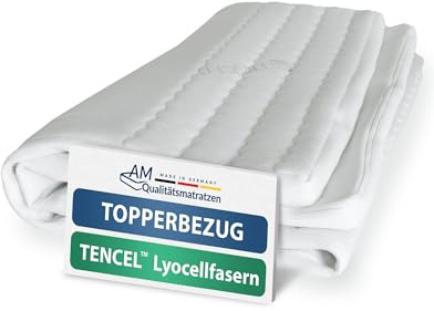 AM Qualitätsmatratzen Lyocell Topper Bezug 160x200 4-6 cm Kernhöhe - Made in Germany & Oeko-TEX Siegel - Allergiker Topperbezug 160x200cm mit Anti-Rustch Unterseite & 4-seitigem Reißverschluss