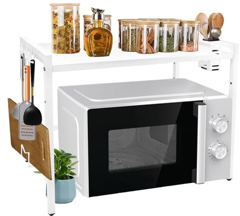 Expandable Microwave Oven Rack,2 Tier Microwave Shelf Stand Storage Holder,Adjustable Kitchen Counter Organizer Shelf Stand with 6 Hooks for Worktop Pots,Pot Pan Grill Storage Racks 40-60cm