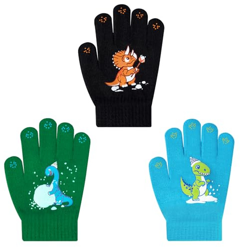 WAWSAM 3 Pairs Kids Knitted Mittens Toddler Winter Gloves Boys Girls Stretch Mittens Magic Fleece Lined Full Finger Warm Mittens Cold Weather Gloves for Ski Riding Driving
