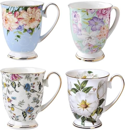 4 Piece Porcelain Mug Set - Bone China Floral Coffee Tea Water Cup - Tea Coffee Cappuccino Home Kitchen Office Gift Mug Set - 11 oz/312 ml