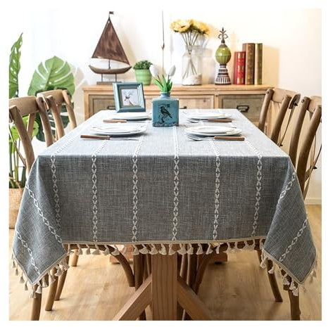 Tischtuch Grau, Polyester Abwaschbare Tischdecke Streifen Mit Quaste Tischdecke Outdoor Rechteck 140x200CM