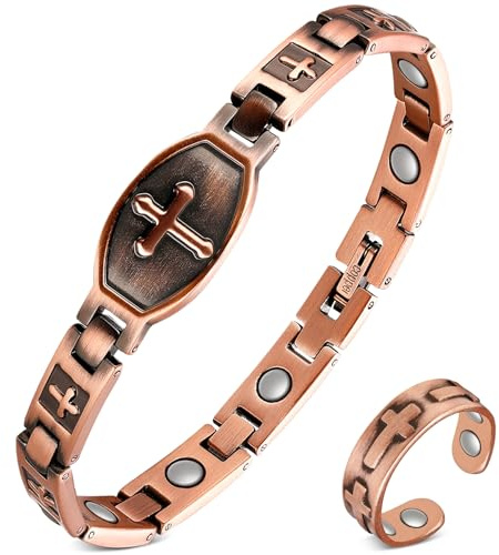 Feraco Pure Copper Bracelets & Rings for Women, Ultra Strength Magnetic Bracelet with 3500 Gauss Magnets, Adjustable with Sizing Tool, Cross Jewelry