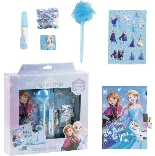 Frozen Journal Set – Barndagbok med Fuzzy Pen, klistermärken och dekorativa tillbehör från Elsa och Anna för flickor som älskar att skriva, rita och uttrycka sig med sin favoritkaraktär