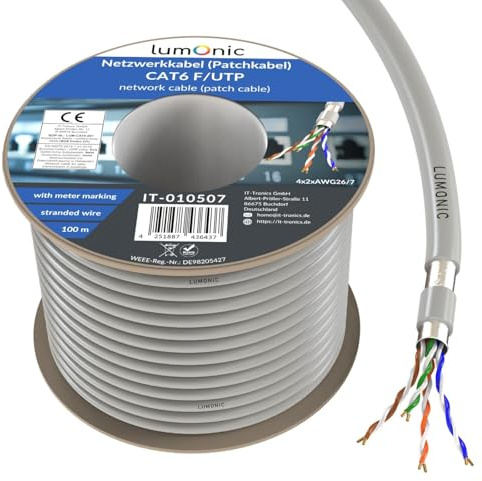Lumonic LAN Netzwerkkabel 100m | LAN Kabel CAT6 F/UTP | Patchkabel 4x 2x AWG26/7 (verseilt) | 250MHz 10 Gbit/s Ethernet