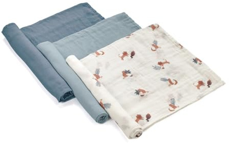 Jané 3er Set Baby Mulltücher 80x80 cm, Baumwolle & Bambus, Atmungsaktiv, Multifunktional, Antiallergisch, Blau