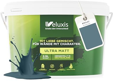 Veluxis Wandfarbe Blau Grau Petrol matt 2,5 L – Blue Mussel | Innenfarbe mit Deckkraft Klasse 1, VOC-frei, ohne Grundierung, tropfarm, für Wohnzimmer und Schlafzimmer