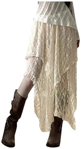 Faldas de cosplay, diseño de falda de encaje con dobladillo irregular, falda larga, falda Instagram, estilo vacacional, para mujer, corta, sexy, beige, talla única