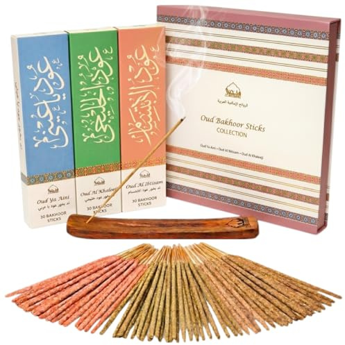 Dukhni Arabian Oud Incense Sticks Gift Set|90 bakhoor sticks & Holder | 3 scents of agarwood incense sticks| Islamic Gifts for Women & Men|50-60min burn time, charcoal free, cruelty free, non toxic