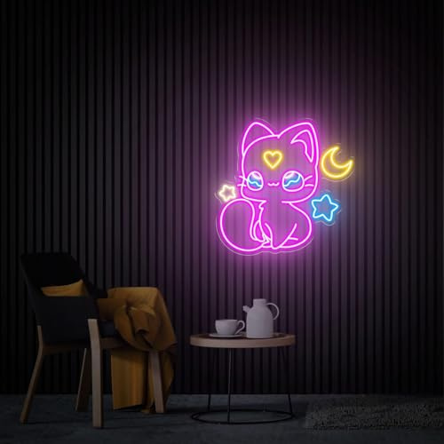 Xusdamyj Mond Katze Neon Schild, Kawaii Katzen Led Schilder mit Mondsternen, Neon Wandkunst, Kawaii Zimmer Dekor, Spielzimmer Mädchen Schlafzimmer Geburtstagsgeschenke