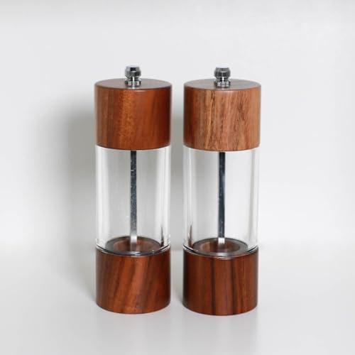 Treasy Juego de molinillos de sal y pimienta de madera, juego de 2 molinillos de especias con mecanismo de cerámica, grado de molienda ajustable y rellenable, elegante madera de acacia, sin plástico
