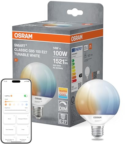 OSRAM Lampada LED SMART+ Globe 95 E27 Tunable White, dimmerabile, compatibile con Matter, WiFi, controllabile tramite app e voce, 14 W, 2700-6500 K