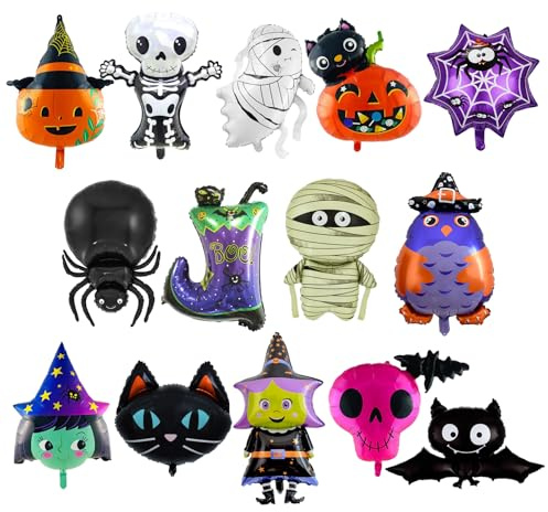 AYNKH 15 Stück übergroße Halloween-Folienballons, Kürbis, Spinne, Fledermaus, Hexe, Skelett, Geister-Halloween-Folienballon-Set, Kinder-Party-Dekoration