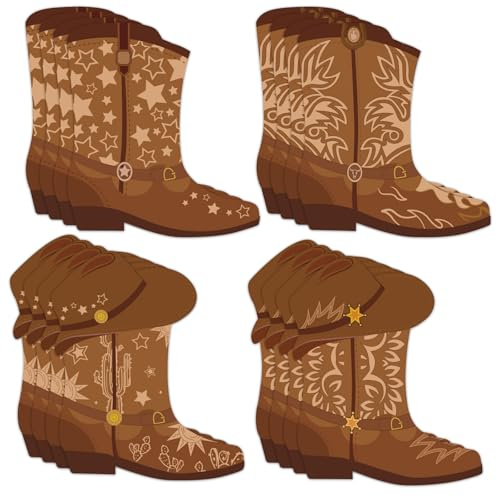 JarThenaAMCS 60Pcs Western Cowboy Cutouts Cowboy Boot Cut Outs Wild West Cardboard Paper Cutting for Birthday Baby Shower Classroom Decoration Supplies