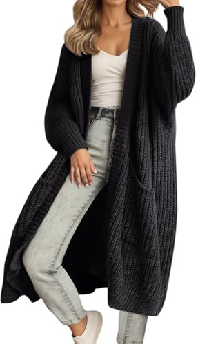 Yegirlzs Gilet Long Femme Cardigan Chic Et Elegant Manche Longue Tricoté Cardigans avec Poches Ouverte Devant Gilet Automne Hiver A Noir M