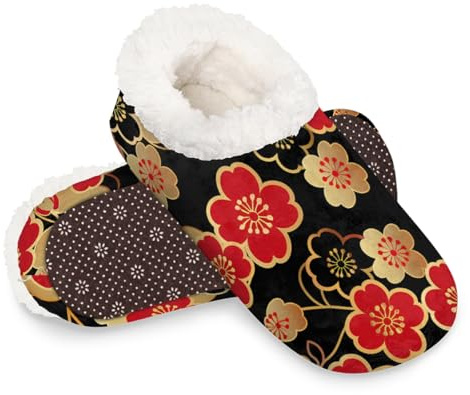 Dusviba Pantuflas japonesas tradicionales de flor de cerezo para mujeres y hombres, zapatos cálidos y mullidos para interiores con suela antideslizante, pantuflas de invierno de felpa acogedoras para